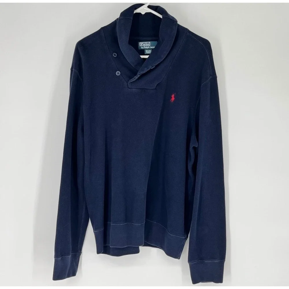POLO RALPH LAUREN Shawl Collar‎ Sweater Mens XL Navy Blue Ribbed Cotton Pullover